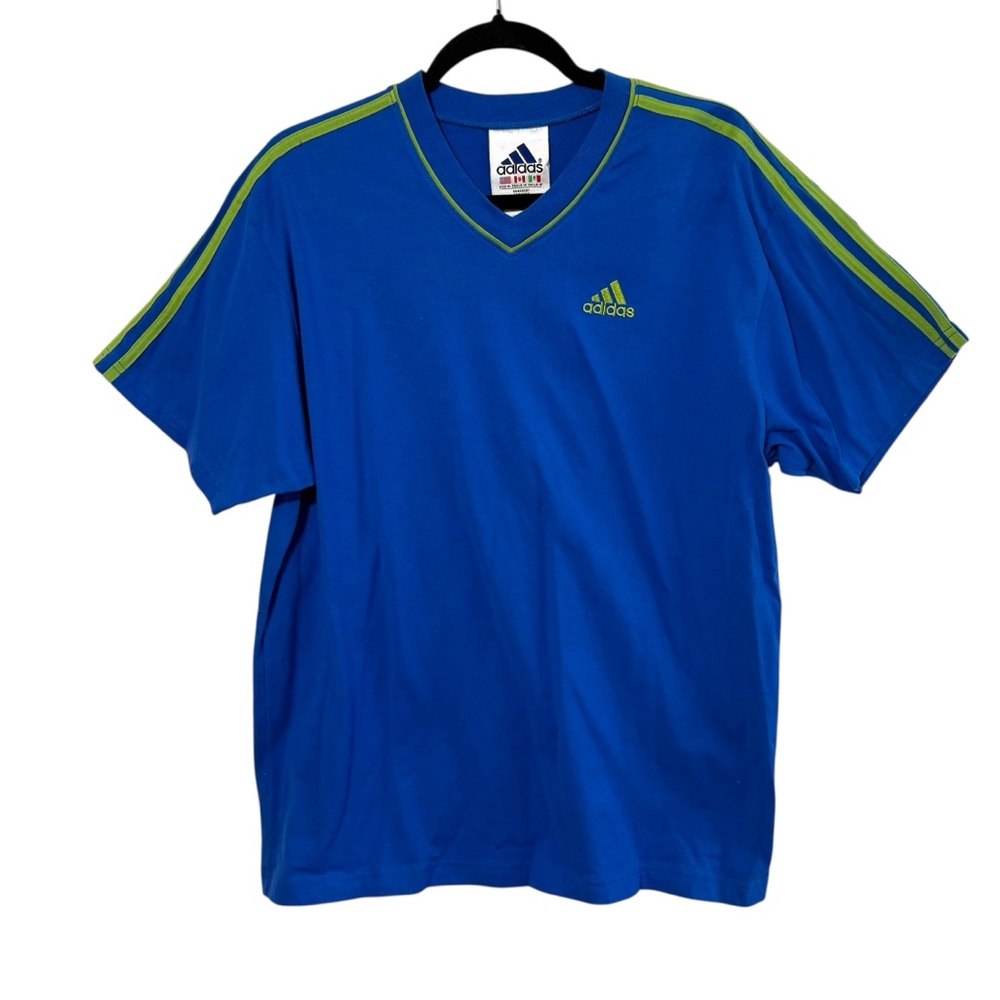 Vintage Y2K Adidas Size Medium Blue Green V Neck Short Sleeve Tee Shirt‎ Sporty